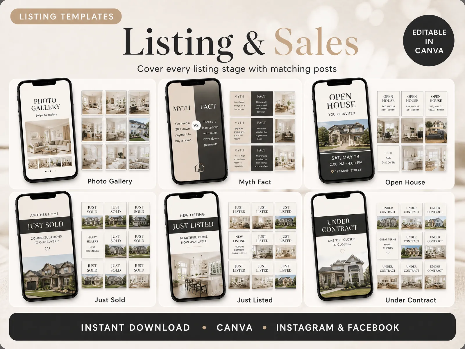 Listing and sales template designs with Just Sold examples from Realtor Marketing Kit