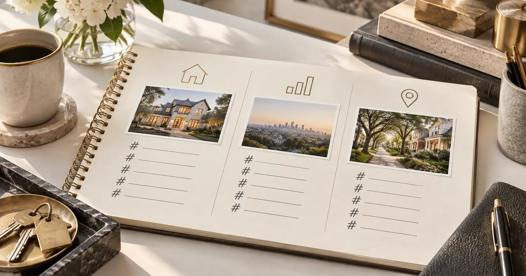 A real estate agent's notebook with three focused hashtag groups for different social posts