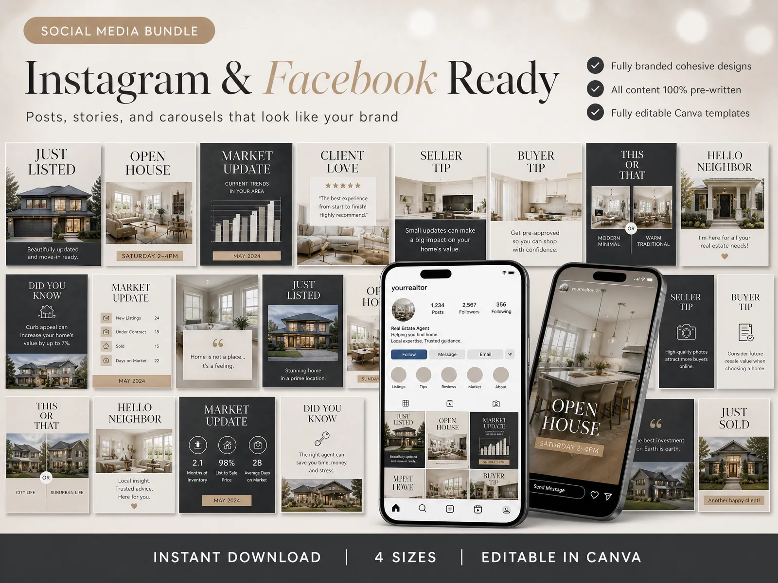 Realtor Marketing Kit posts for Instagram and Facebook: Just Listed, Open House, Market Update, Seller Tip, Buyer Tip and Hello Neighbor