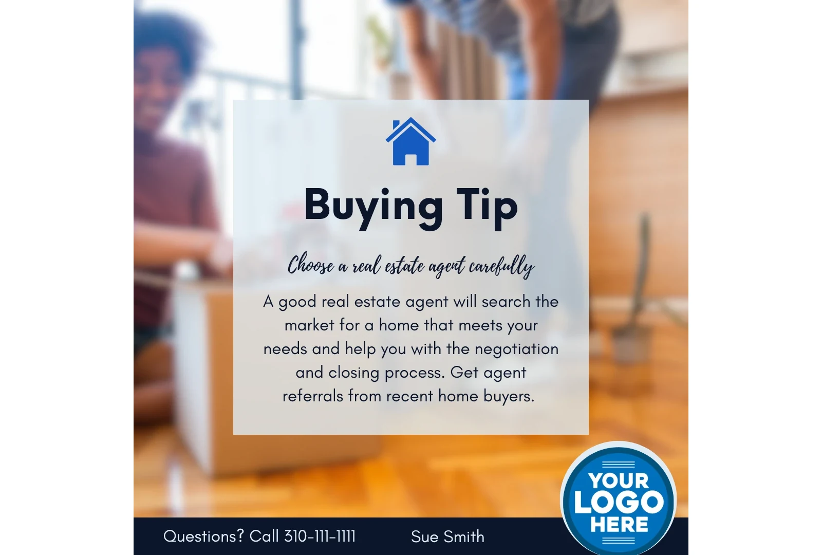 Buyer and Seller Tips Canva template with a sample buying tip and contact placeholders